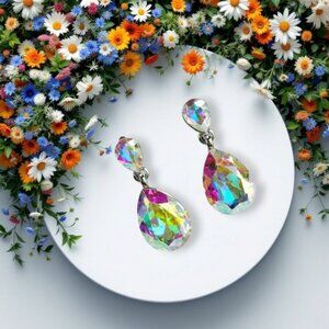 NWT Aurora Borealis crystal dangle drop earrings in silver tone